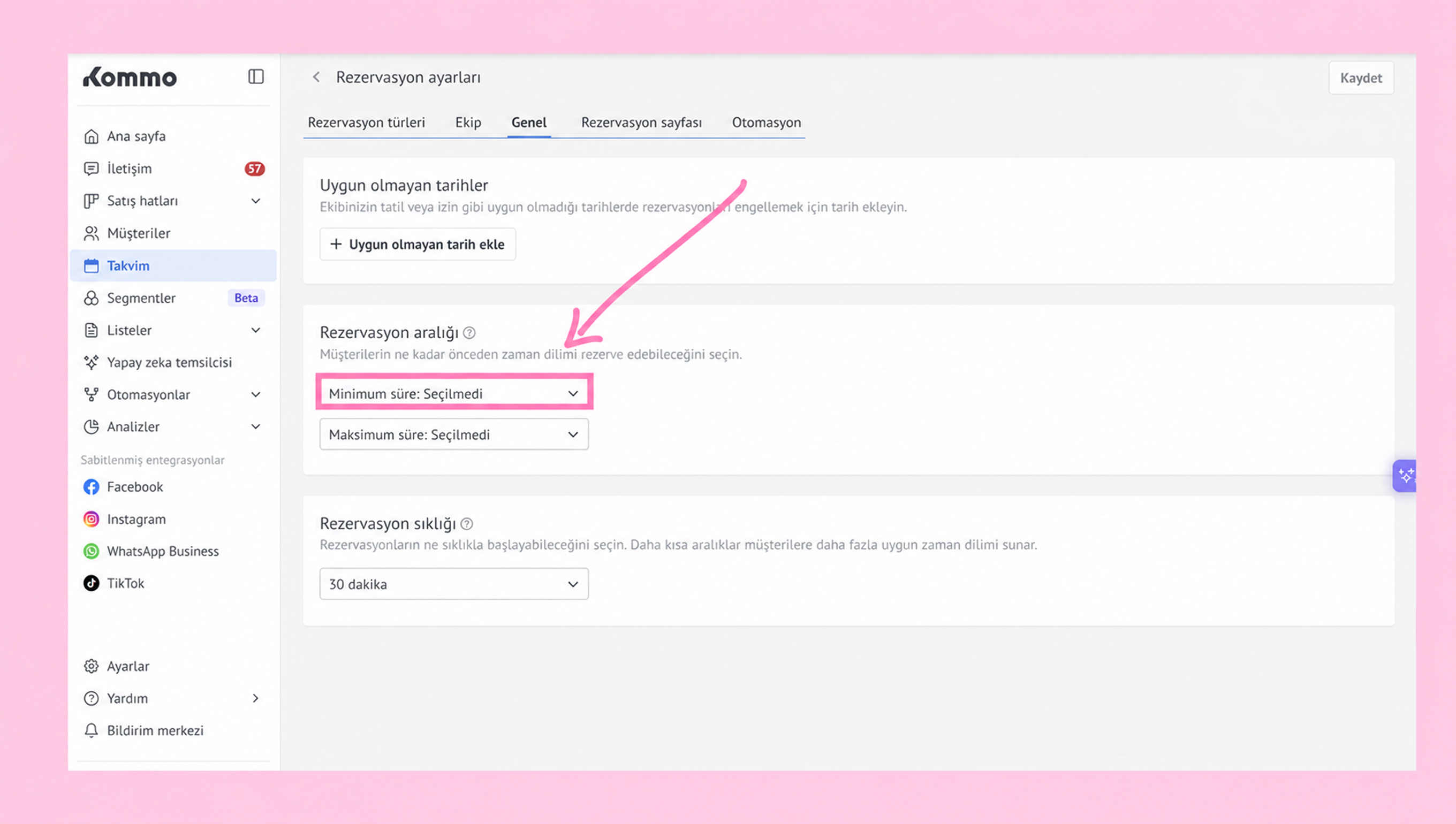 Settings page showing minimum and maximum reservation time options for users.